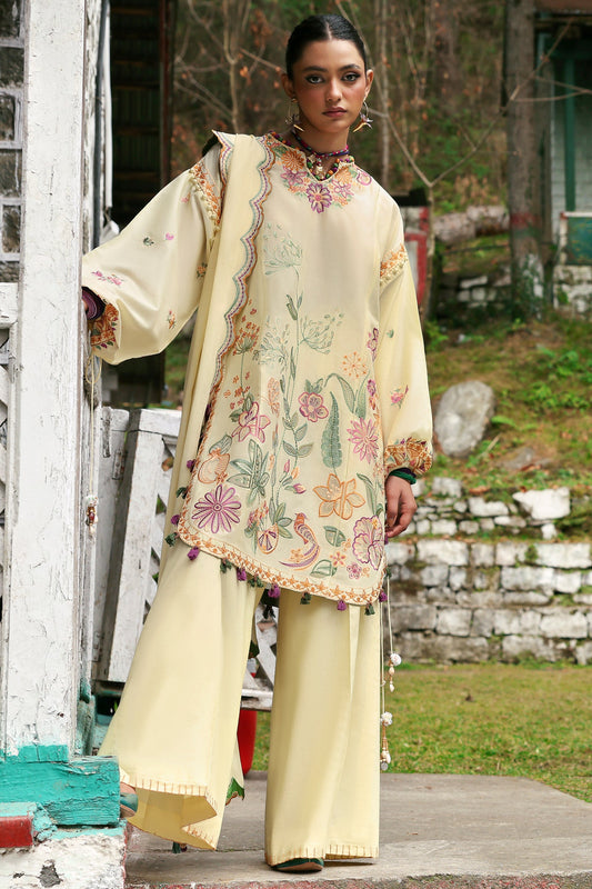 Unstitched embroidered lawn suit with voile dupatta and cambric trousers—ideal for festive wear and summer fashion.