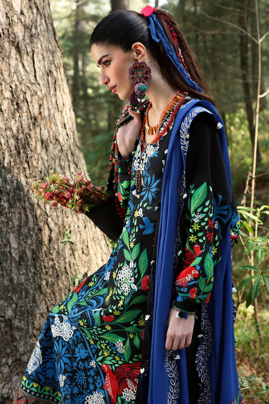 Zaha Summer 2025 unstitched embroidered lawn suit with printed shirt, voile dupatta, and cambric trouser—ideal for festive wear.