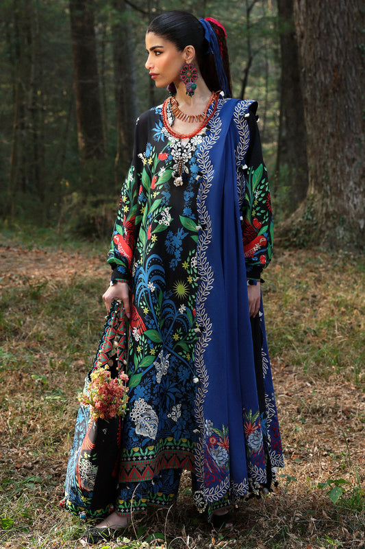 Zaha Summer 2025 unstitched embroidered lawn suit with printed shirt, voile dupatta, and cambric trouser—ideal for festive wear.
