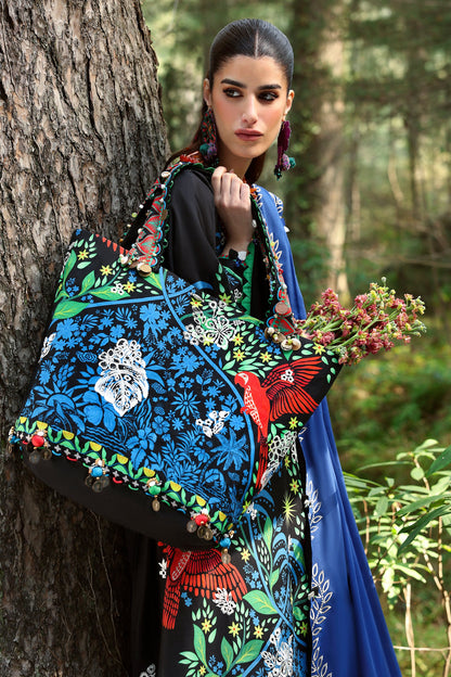 Zaha Summer 2025 unstitched embroidered lawn suit with printed shirt, voile dupatta, and cambric trouser—ideal for festive wear.