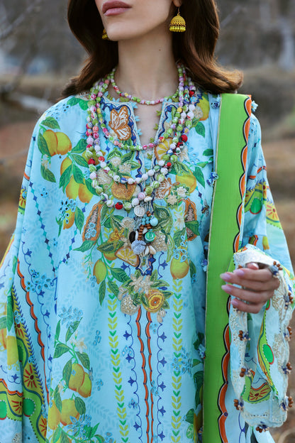 Zaha Summer 2025 unstitched embroidered lawn suit with digital prints and voile dupatta, perfect for festive wear.