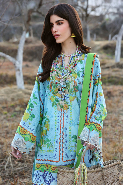 Zaha Summer 2025 unstitched embroidered lawn suit with digital prints and voile dupatta, perfect for festive wear.