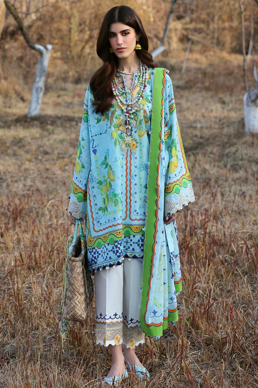 Zaha Summer 2025 unstitched embroidered lawn suit with digital prints and voile dupatta, perfect for festive wear.