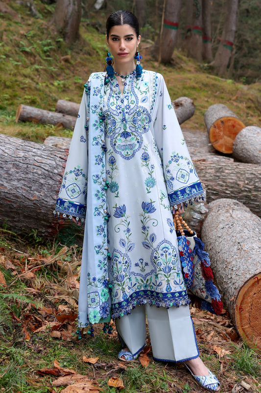 Zaha Summer 2025 unstitched embroidered lawn suit with satin borders, voile dupatta, and cambric trousers—ideal for festive wear.